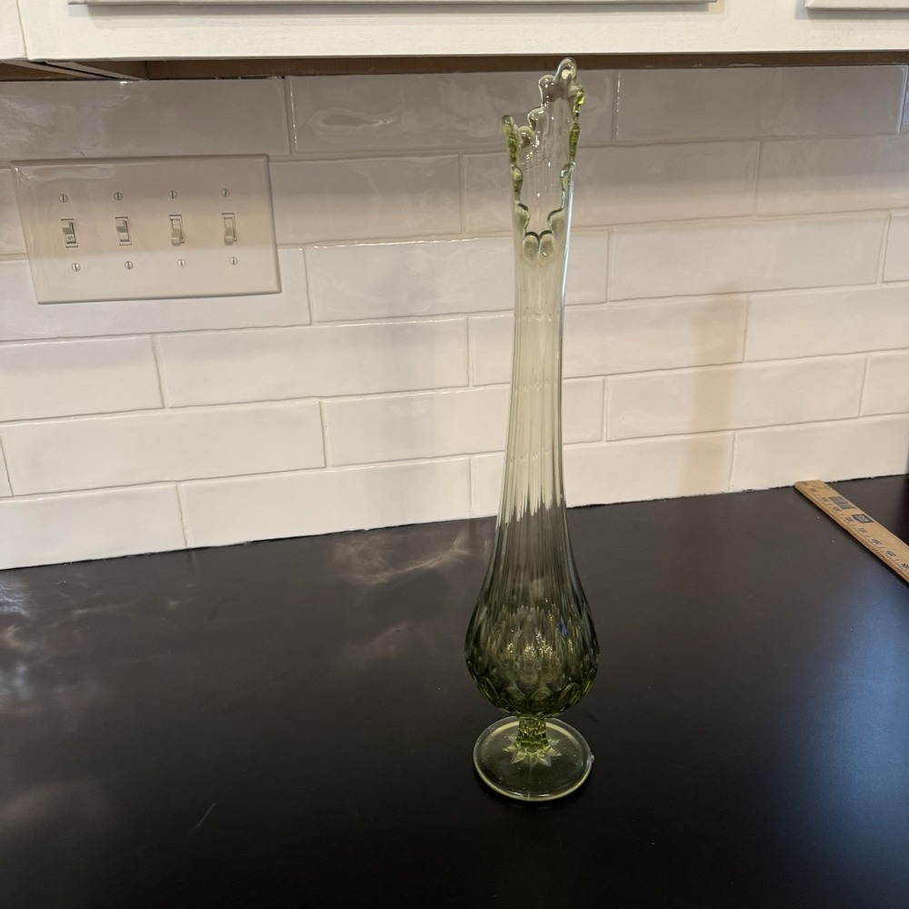Vintage MCM Large Fenton Green Thumb Print Footed Swung Vase